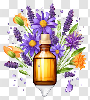 Hand Drawn Flower Essences Therapy - Aromatherapy Essential Oil Bottle With Flowers Transparent PNG