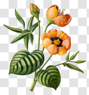 Flower Image - Orange And Yellow Flower With Green Leaves Transparent PNG