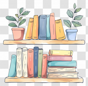 Books On Shelf - Bookshelf With Books And Plants Illustration Transparent PNG