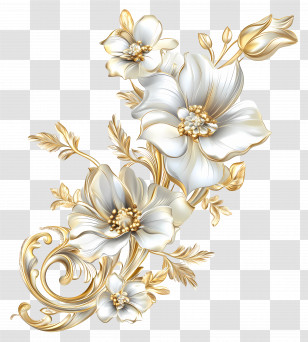 Flower Gold - Elegant White And Gold Floral Design Transparent PNG