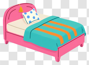 Cartoon Bed - Colorful Bed With A Pink Frame And Blue Blanket Transparent PNG