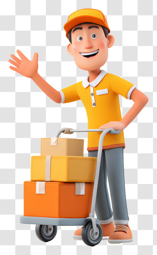 Delivery Worker Leaning On Trolley - Smiling Delivery Man With Packages Transparent PNG