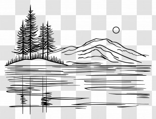 Lake - Line Art Landscape With Trees And Mountains Transparent PNG