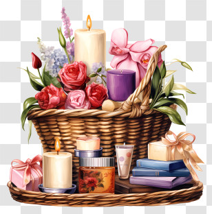 Gift Basket - Gift Basket With Candles And Flowers Transparent PNG