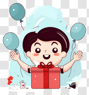 Cartoon Image - Boy Celebrating With Gift Box And Balloons Transparent PNG