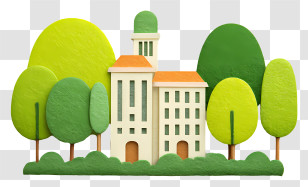 School With Green Trees - Cartoon Building With Trees Transparent PNG