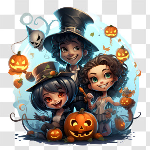 Halloween Party - Three Children With Pumpkins And Halloween Costumes Transparent PNG