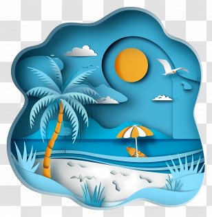 Beach Scene - Tropical Beach Illustration In Paper Art Style Transparent PNG