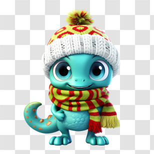 Christmas Doll - Cute Blue Dinosaur In Winter Hat And Scarf Transparent PNG