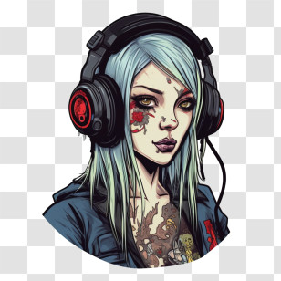 Zombie Girl - Punk-Style Character Wearing Headphones Transparent PNG