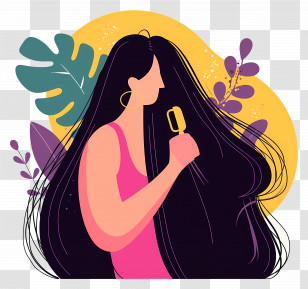 Woman Combing Long Hair - Woman Combing Hair With Leafy Background Transparent PNG