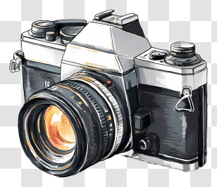 Camera Ink Painting - Vintage Camera With Large Lens Transparent PNG