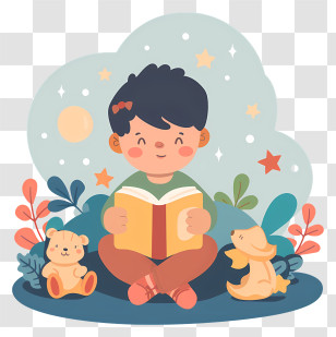 Childrens Bedtime Stories - Boy Reading Book With Teddy Bear And Dog Transparent PNG
