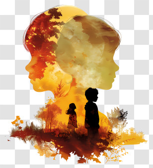 Children Silhouette - Silhouette Of Children With Autumn Leaves Transparent PNG