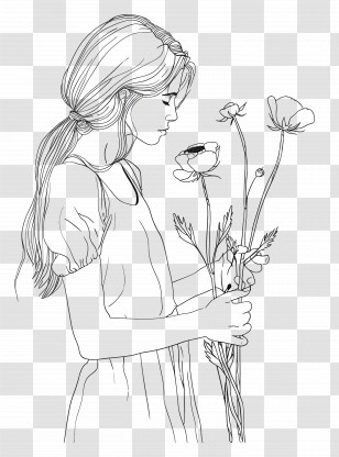 Woman - Line Art Of Girl Holding Flowers Transparent PNG