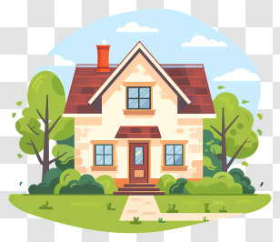 Lawn House - Cartoon Suburban House With Greenery Transparent PNG