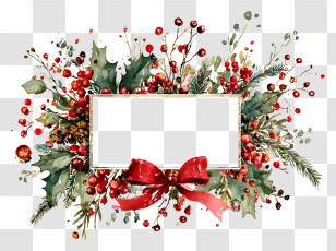 Christmas Wreath Rectangle - Watercolor Berry Rectangle Frame With Bow Transparent PNG