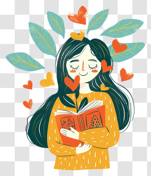 Cartoon Girl With Book - Cartoon Girl Reading With Hearts And Leaves Transparent PNG
