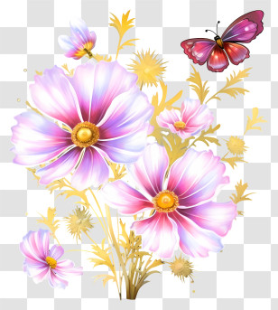 Decorative Paintings - Pink Cosmos Flowers With Butterfly And Golden Design Transparent PNG