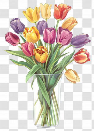 Tulips In Vase - Vibrant Bouquet Of Multicolored Tulips In A Glass Vase Transparent PNG