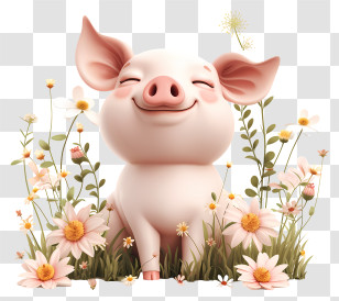 Pig Day - Content Pig In Flower-Filled Meadow Transparent PNG