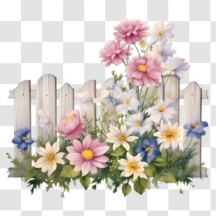 Wooden Garden Fence - Floral Illustration With Fence And Blooming Flowers Transparent PNG