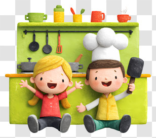 Cheerful Children In Kitchen - Playful Kids Cooking Illustration Transparent PNG