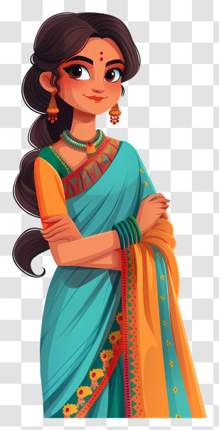 Indian Woman Cartoon - Artistic Image Of A Woman In Blue-Gold Sari Transparent PNG