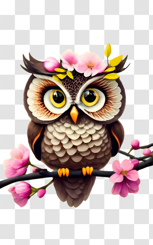 Cartoon Owl - Cute Owl With Cherry Blossom Flowers Transparent PNG