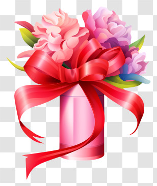 Pink Vase - Pink Flower Bouquet With Red Ribbon Transparent PNG