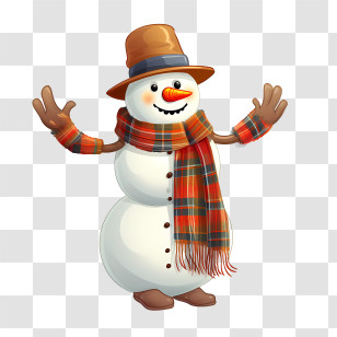 Snowman - Cheerful Snowman With Hat And Scarf Illustration Transparent PNG