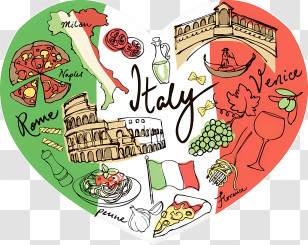 Italy - Illustrated Map Of Italy With Landmarks And Food Transparent PNG