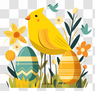 Easter Background - Yellow Bird With Easter Eggs Transparent PNG