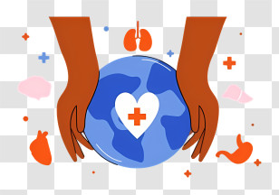 Global Healthcare - Hands Holding Globe With Health Symbols Transparent PNG