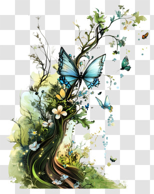 Spring Butterfly - Butterfly On Artistic Tree Transparent PNG