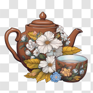 Teapot - Charming Floral Teapot And Cup Design Transparent PNG