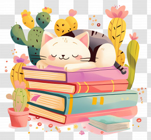 Cat Sleeping On Books - Serene Cat Resting On Books Surrounded By Cacti Transparent PNG