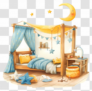 Bedroom - Cozy Bed With Moon And Stars Transparent PNG