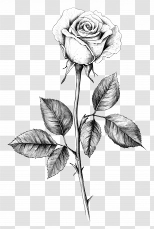 Single Rose - Black And White Rose Drawing Transparent PNG