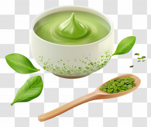 Matcha Green Tea - Green Tea Cream Bowl With Fresh Leaves Transparent PNG