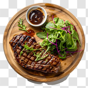 Steak - Grilled Steak And Fresh Salad On Wooden Plate Transparent PNG