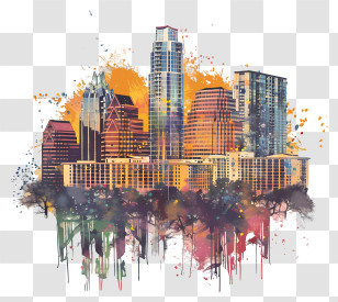 Austin Skyline - Abstract Cityscape With Orange Splashes Transparent PNG