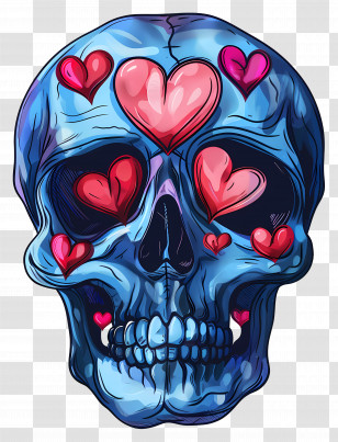 Blue Skull With Hearts - Artistic Blue Skull With Hearts Transparent PNG