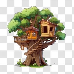 Tree House - Charming Wooden Treehouse With Spiral Stairs Transparent PNG