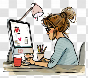 Cartoon Woman Working - Focused Woman Working At Desk Transparent PNG