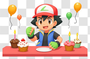 Ash Ketchum New Year - Energetic Boy At Birthday Party With Cupcakes Transparent PNG