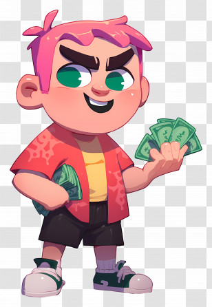 Cute Cartoon Boy - Pink-haired Cartoon Character With Money Transparent PNG