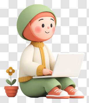 Hijab Girl Working On Laptop - Cartoon Person With Laptop And Flower Transparent PNG