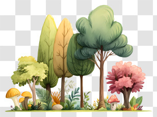 Watercolor Forest - Cartoon Forest With Various Trees Transparent PNG