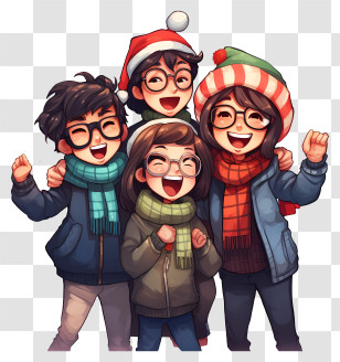 Cartoon Image - Cheerful Group Of Friends In Winter Transparent PNG